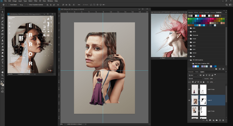 A portrait being retouched in Photoshop, layers and colour panels down the right-hand side