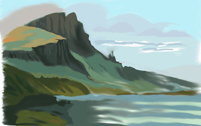 A simple digital painting of a green headland rising above a pale lake