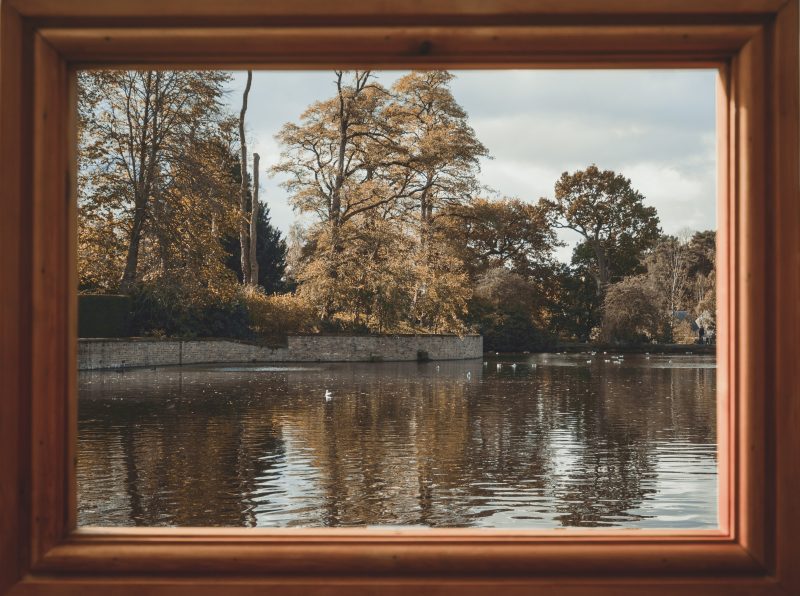 A framed photograph of a lake and autumn trees, in a plain wooden frame