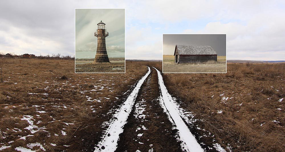 Two framed photographs floating above a ploughed winter field, a composite