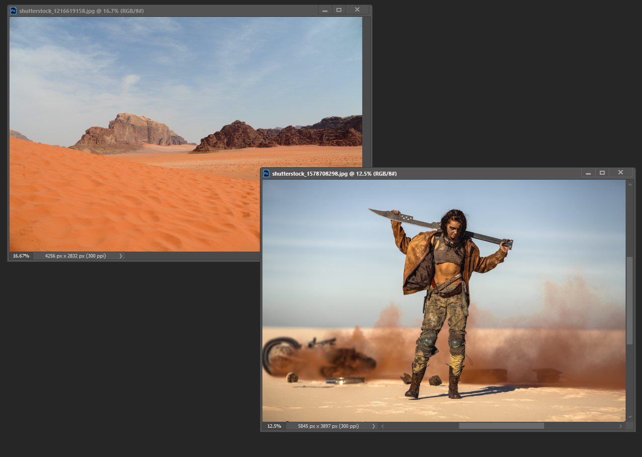 A composite being built in Photoshop, a figure placed into a desert scene