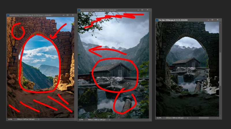 Three source photographs with red marks drawn on them to show which parts will be used