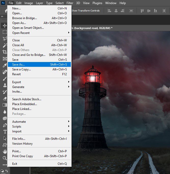 A composite of a lighthouse being saved in Photoshop, the File menu open