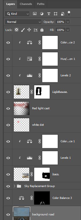 The Photoshop layers panel for a composite, a dozen layers and masks stacked up
