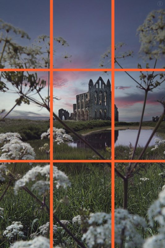 Whitby Abbey with the rule of thirds grid drawn over the photograph in orange