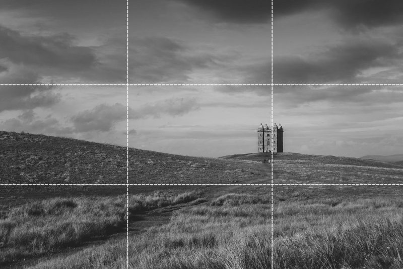 black and white photo of the Cage at Lyme Park with the rule of thirds grid overlaid