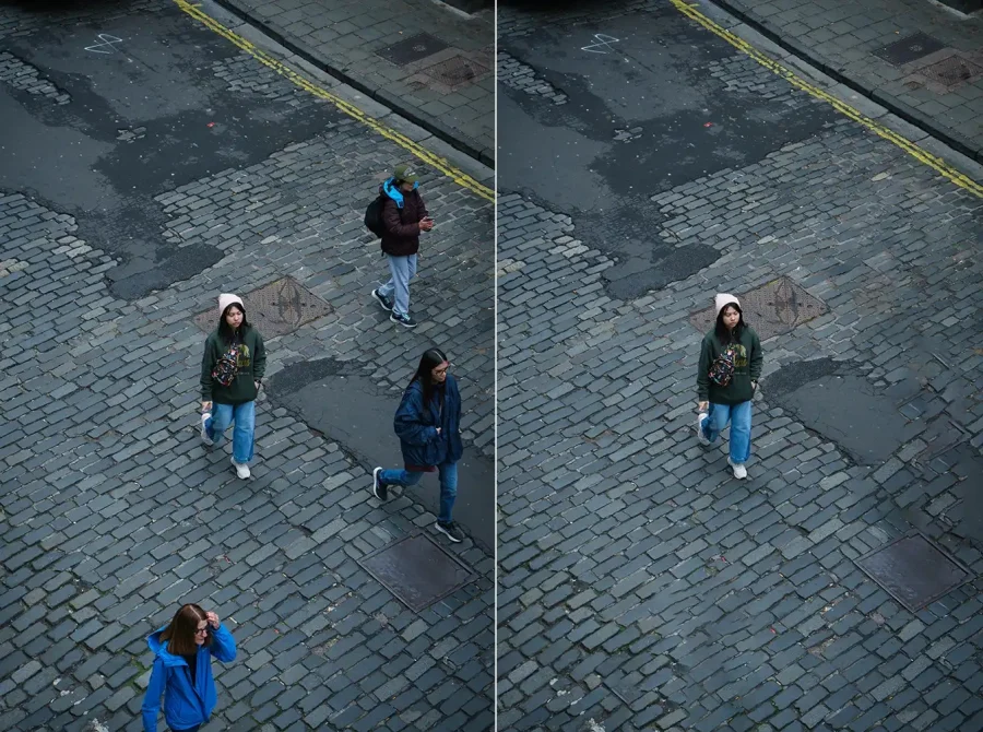 Two of the same photos side-by-side of a woman in a white beanie hat walking down a cobbled street