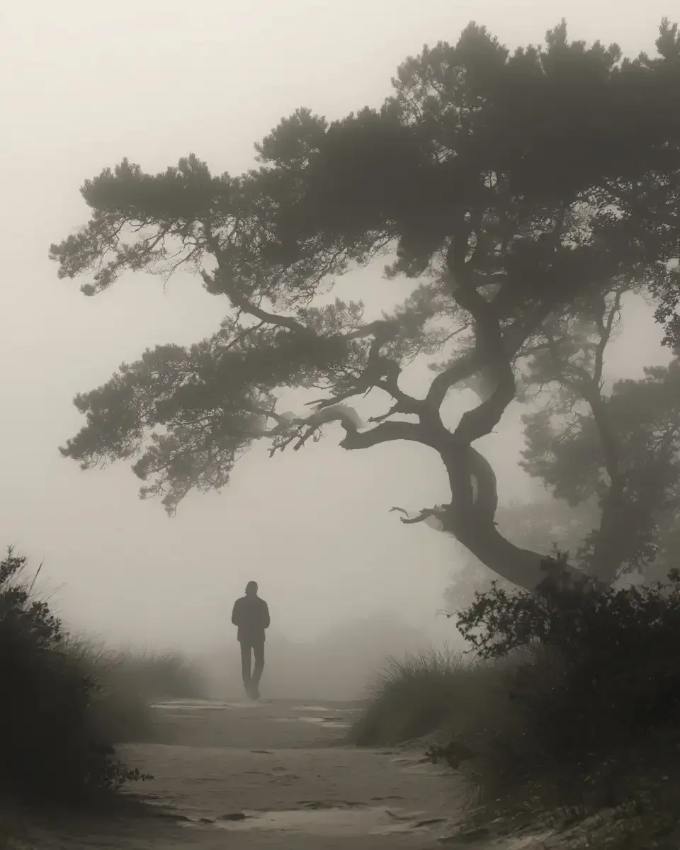 A bent tree in thick fog with a figure walking beneath it