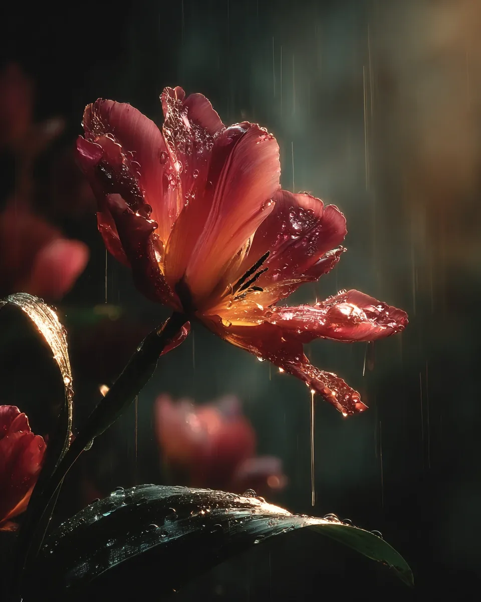 A deep red lily, wet with rain, lit from behind