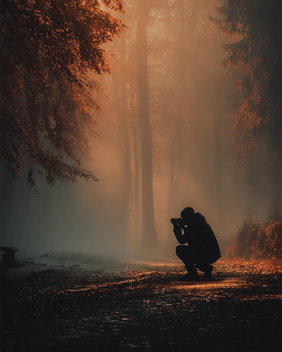 A photographer crouching on a woodland path in low mist, copper beech leaves overhead, warm light coming through the trees