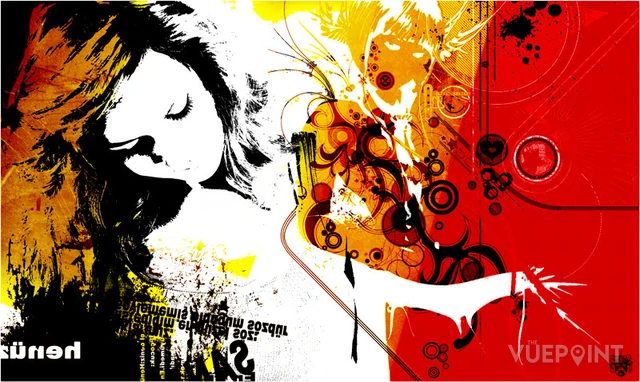 A graphic poster piece built around a face in yellow and red