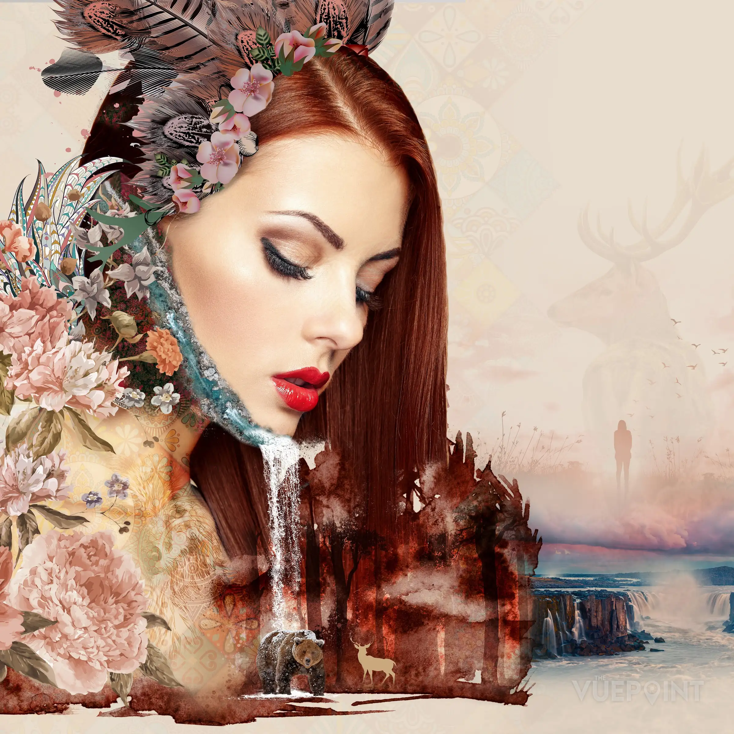 A double exposure of a portrait, flowers and a waterfall