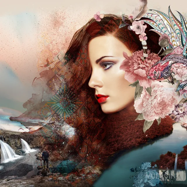 A second double exposure of a portrait with flowers and water