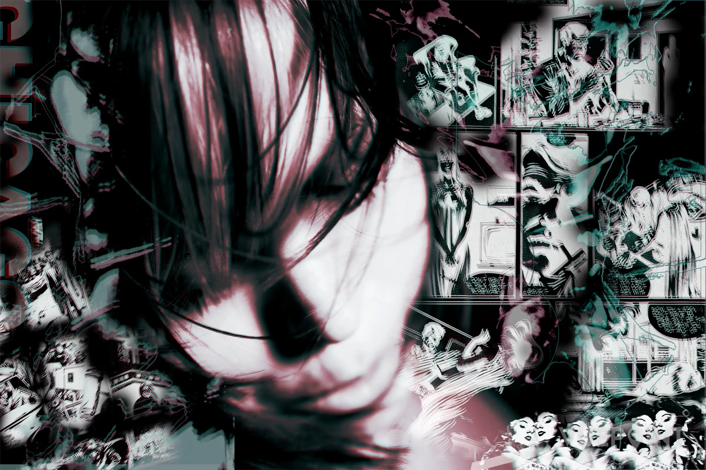 A dark montage of torn photographs and a face
