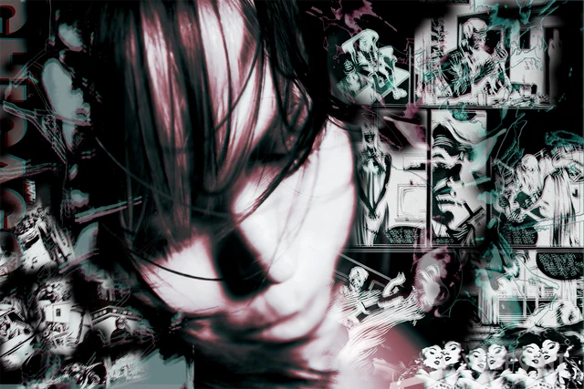 A dark montage of torn photographs and a face