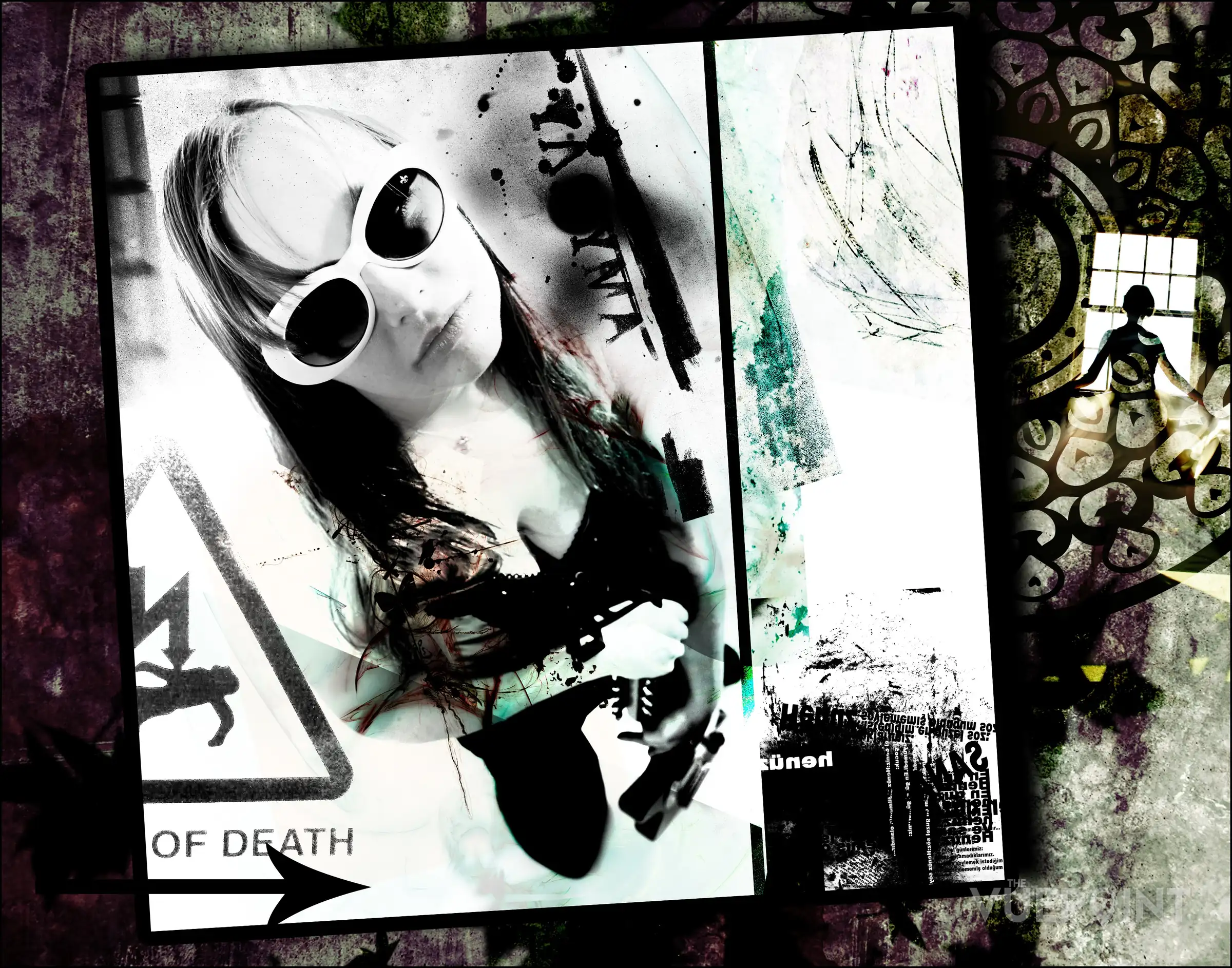 A dark layered montage built around a portrait