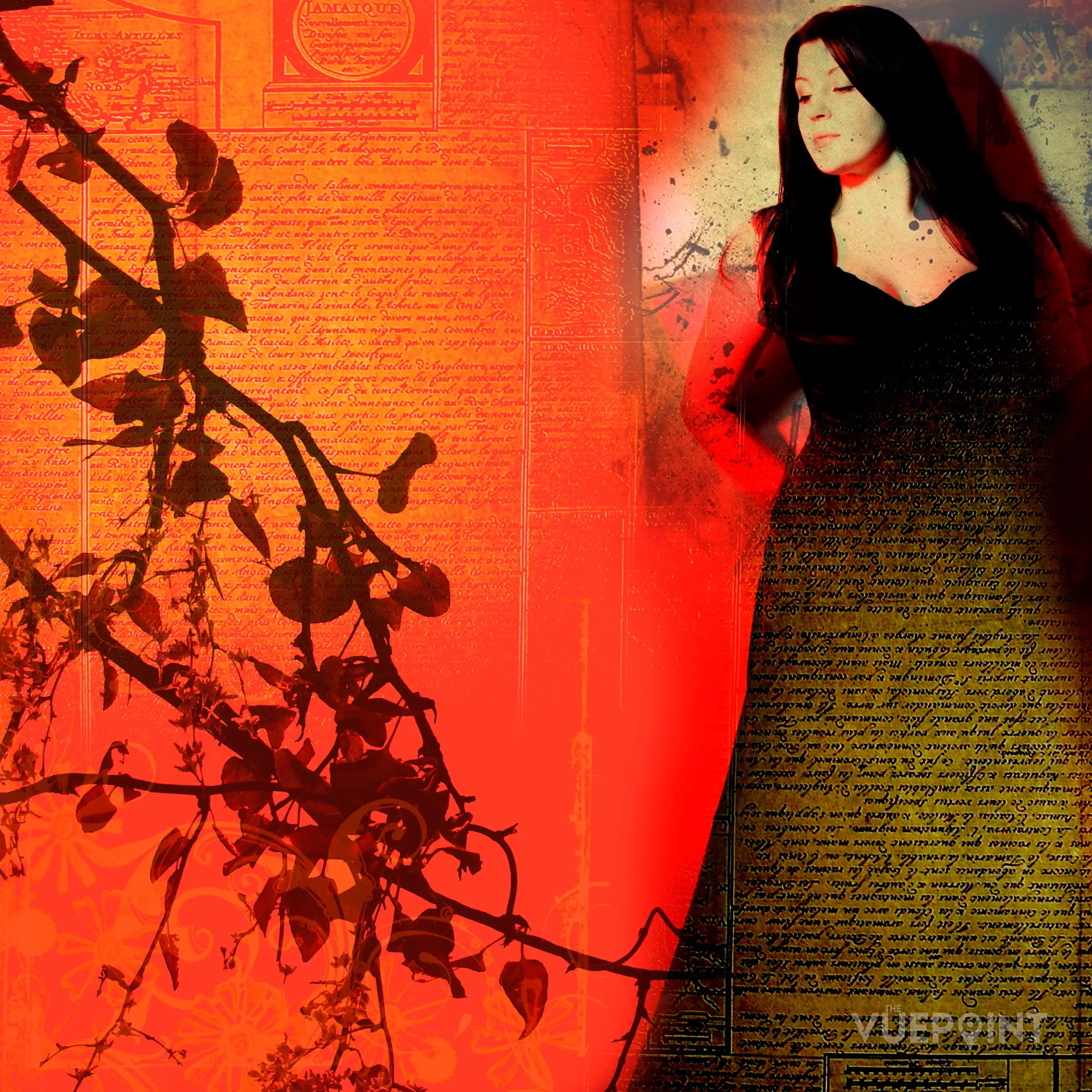 A composite of a figure against a red wall of branches and text