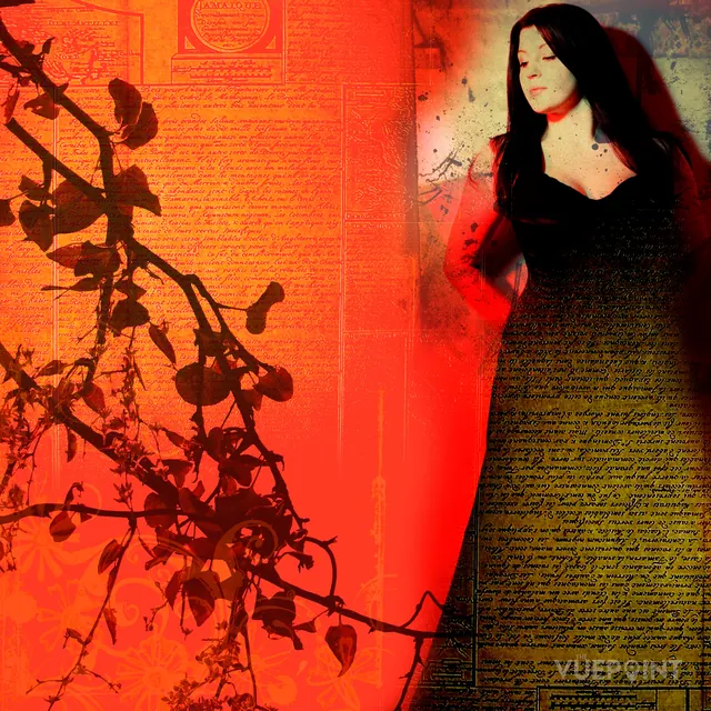 A composite of a figure against a red wall of branches and text