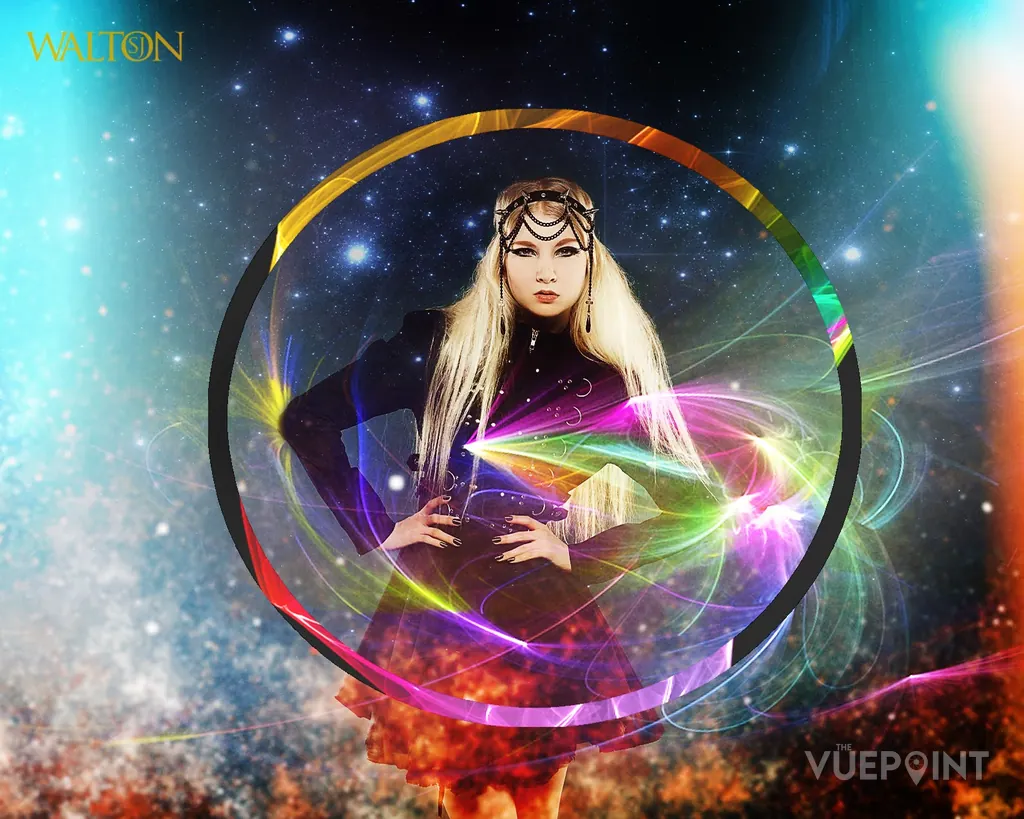 A figure inside a ring of coloured light against a starfield