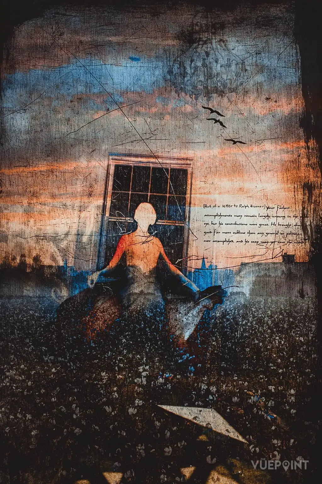 A figure sitting before a window set in open ground