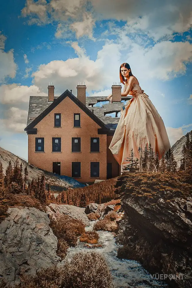 A figure in a long gown beside a house perched on rock