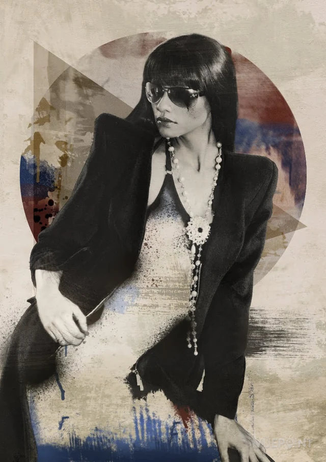 A seated figure in monochrome against a painted background