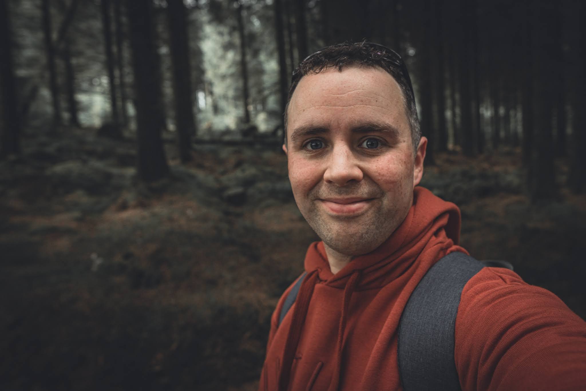Photo of Stephen Walton, photography tutor and mentor at The VuePoint Photography. Close up photo of a selfie taken in a forest.