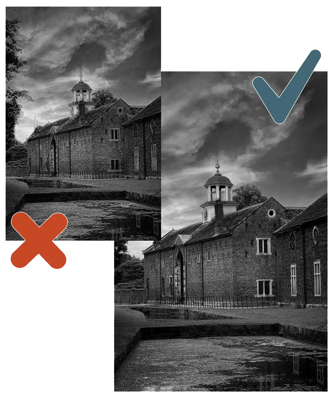 Two photos at different resolutions in black and white of the mill house at Dunham Massey NT