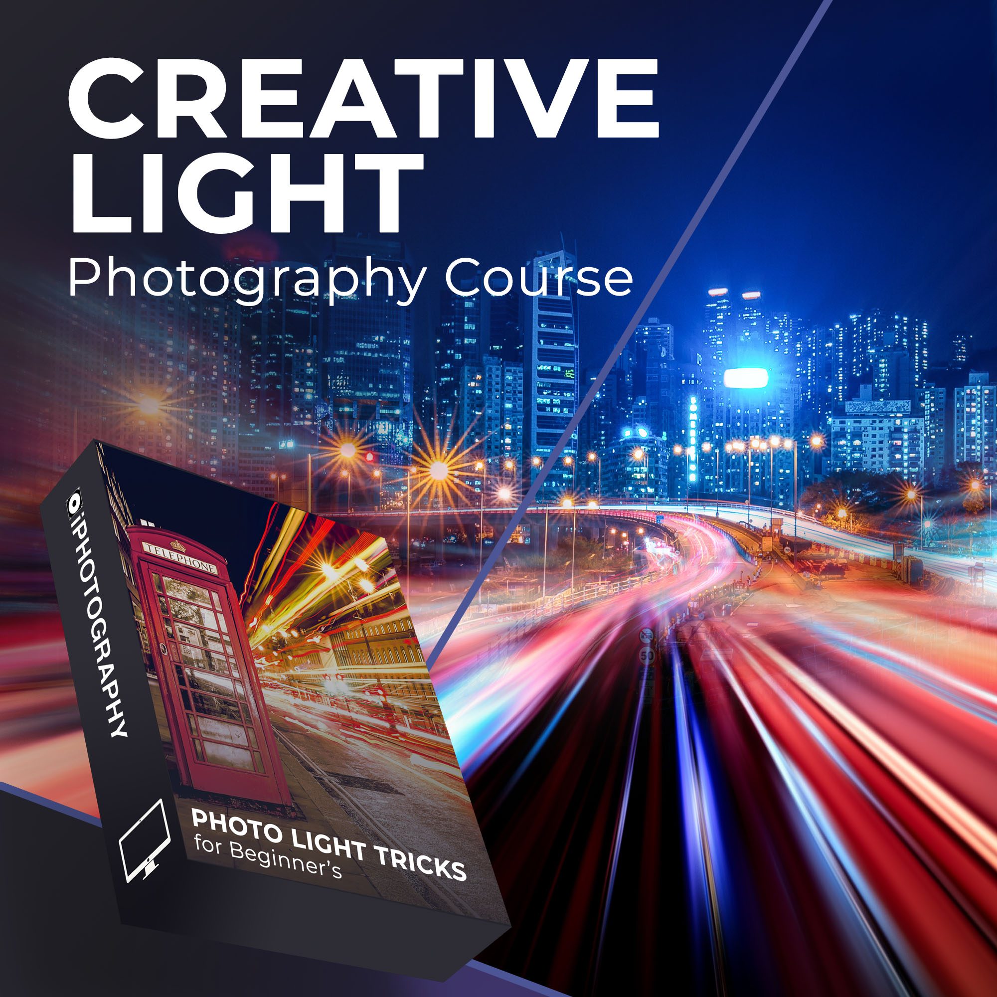Creative Light Tricks photography course by iPhotography.com photo of light trails from car lights through a city at night