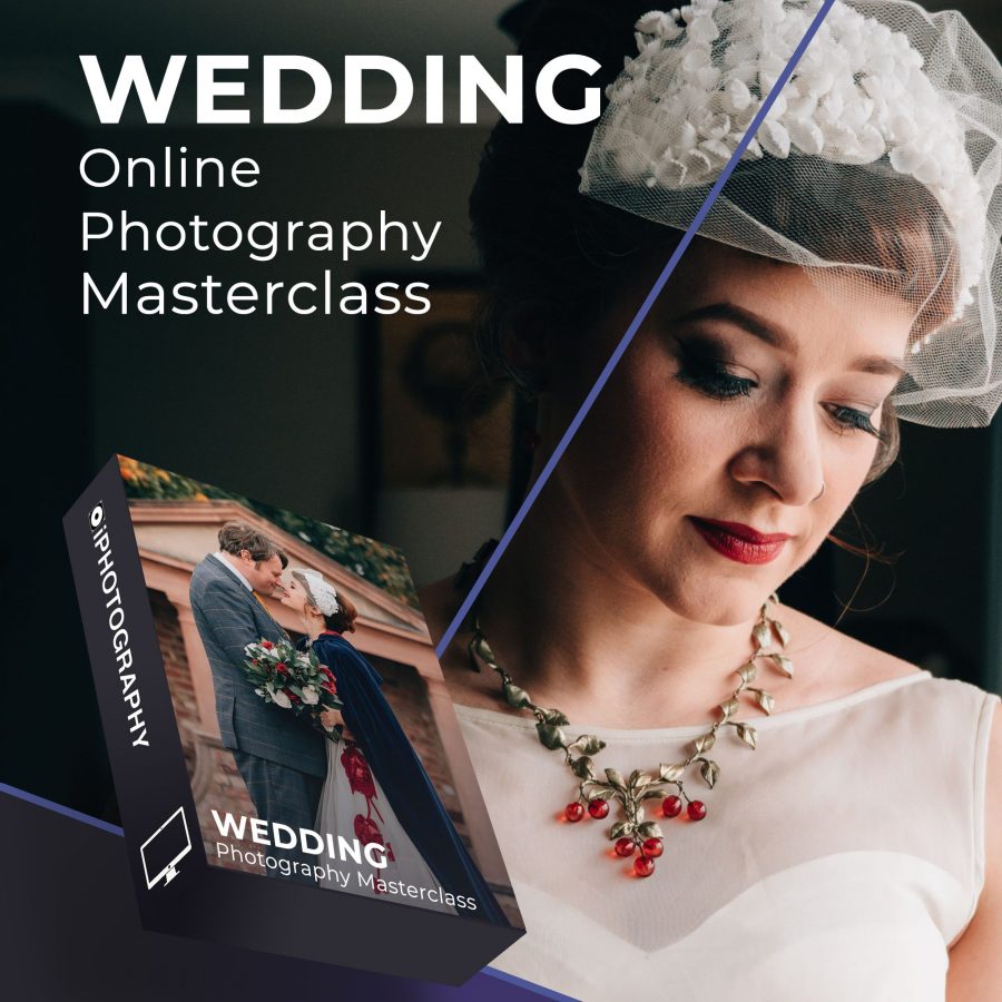 An advert for iPhotography's Wedding Online Photography Masterclass. A bridge in a white veil, with a red and gold necklace and white dress looking out of a window