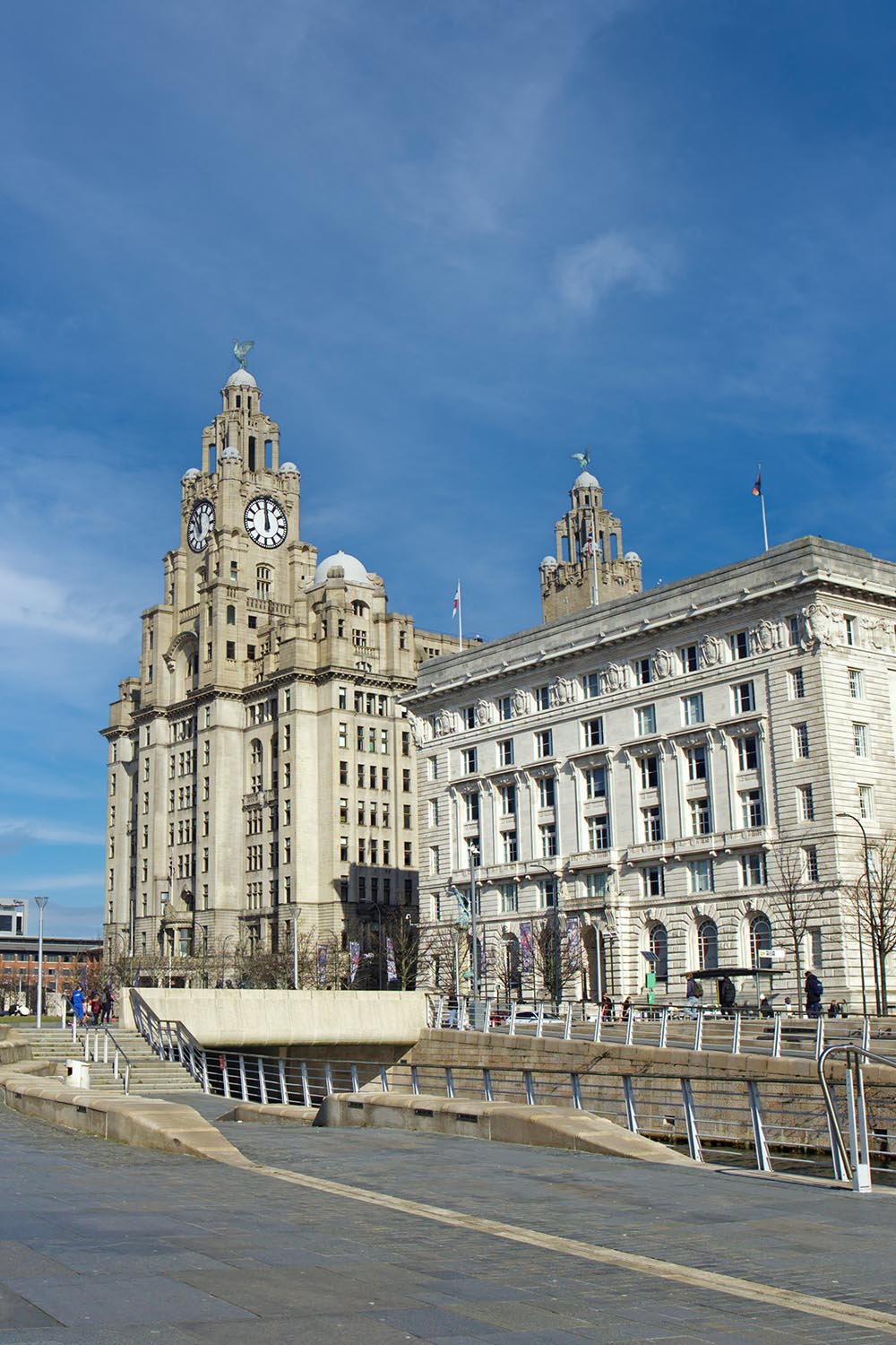 A photo of the three graces in Liverpool of the Liver building, the port authority building