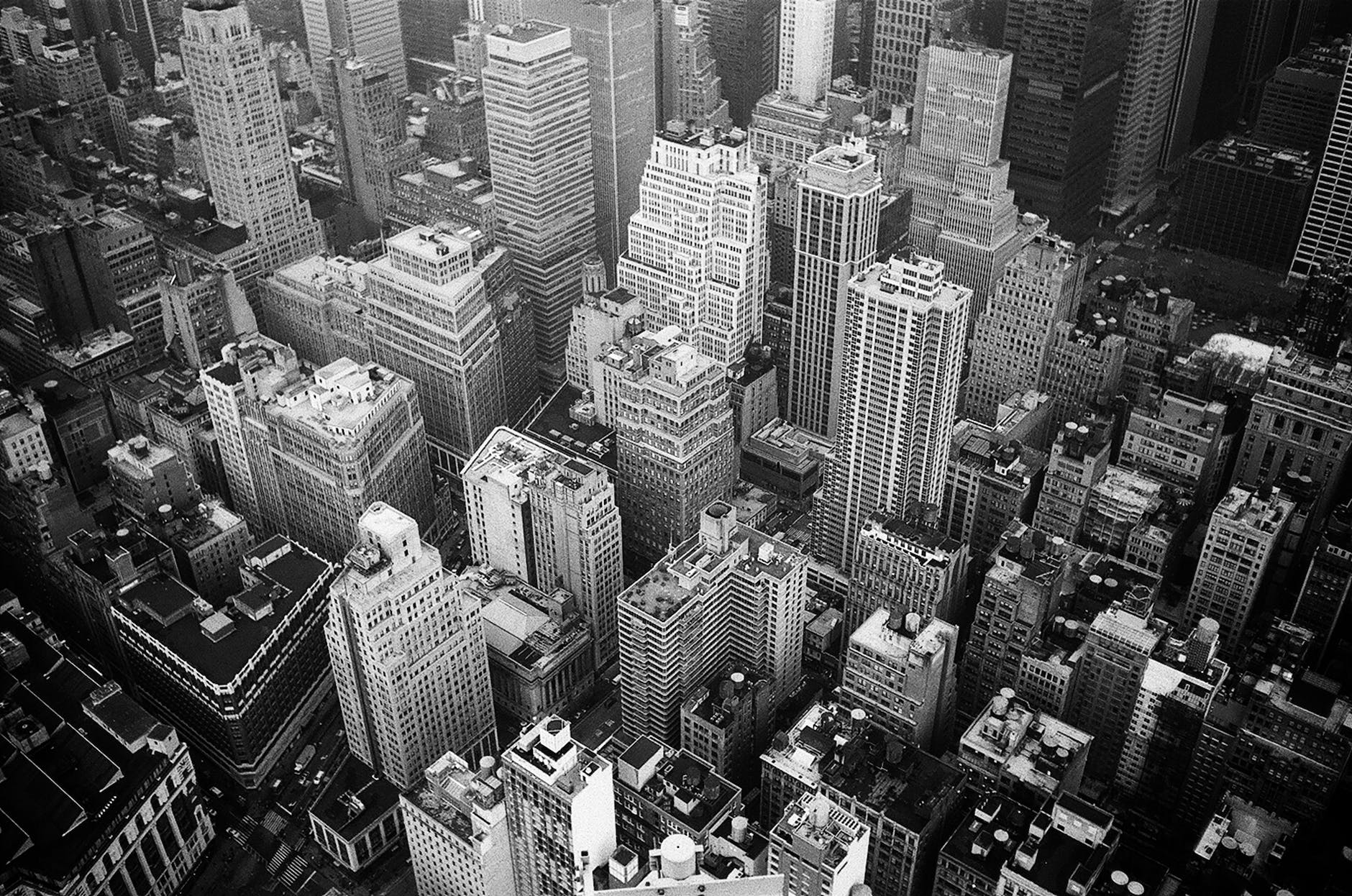 black and white aerial shot of new york city