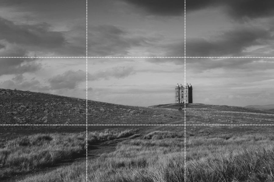 black and white photo of the Cage at Lyme Park with the rule of thirds grid overlaid