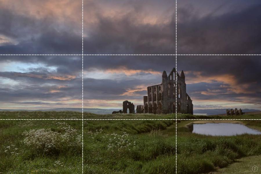 a photo of Whitby Abbey in Yorkshire at sunset with the rule of thirds grid overlaid