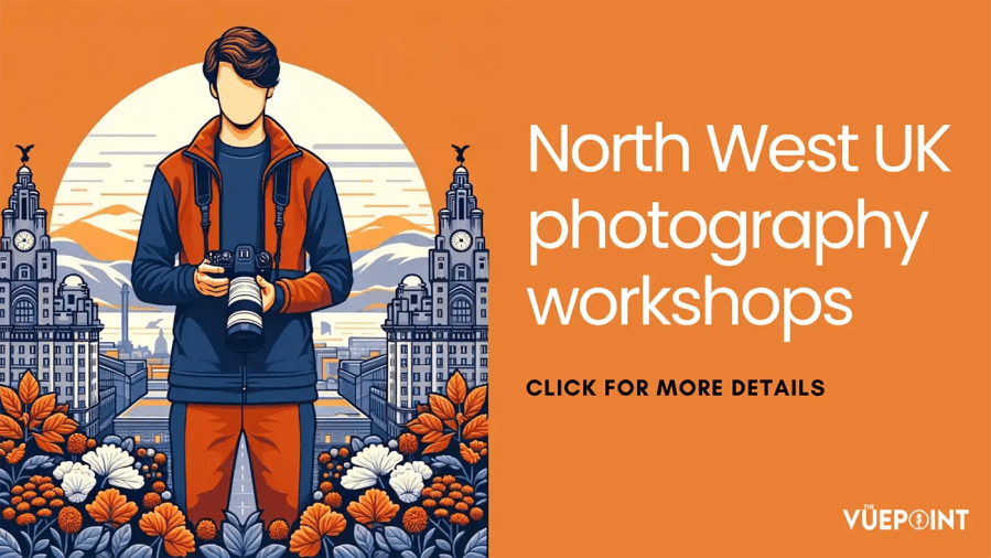 An illustration of a man holding a camera in front of Liverpool city background. Text reading North West UK photography workshops