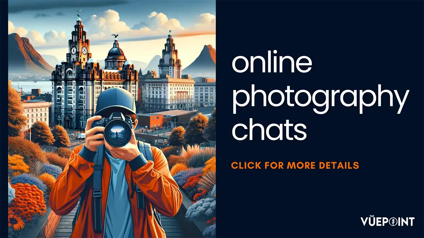 An illustration of a man holding a camera in front of Liverpool city background. Text reading online photography chats