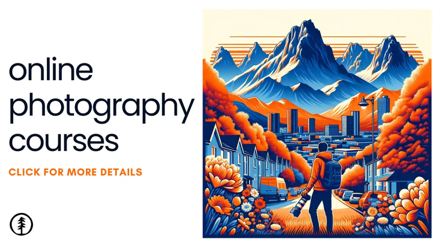 An illustration of a man holding a camera in front of Liverpool city background. Text reading online photography courses