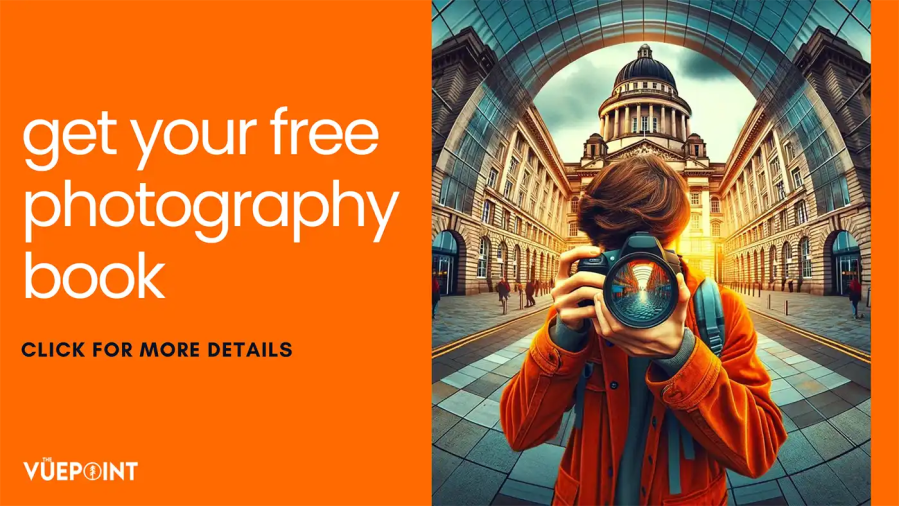 An illustration of a man holding a camera in front of Liverpool city background. Get Your Free Photography book