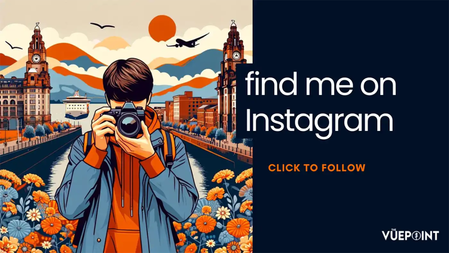 advert for The VuePoint photography on Instagram. An illustration of a man holding a camera in front of Liverpool city background