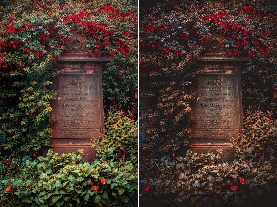 Two photos of the same gravestone of John Law from St Cuthbert's Graveyard in Edinburgh