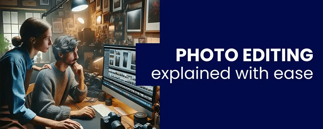 Two AI generated people looking at a computer screen in a photography room