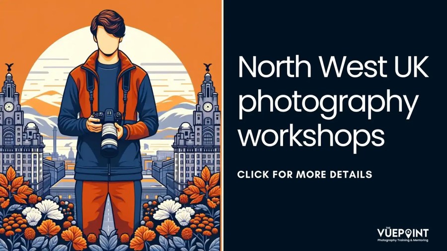 An illustration of a man holding a camera in front of Liverpool city background. Text reading North West UK photography workshops
